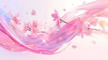 Wall Mural - Wind wave with rose petals and sparkles. Realistic 3d modern illustration set of rose airflow swirls and curves with Japanese sakura or cherry blossoms. Abstract swoosh scent trail.