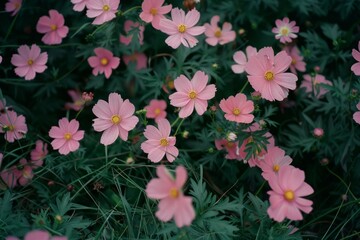 Wall Mural - pink cosmos flowers were in full bloom, growing wild on the grassy ground of an english garden