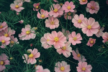 Wall Mural - pink cosmos flowers were in full bloom, growing wild on the grassy ground of an english garden