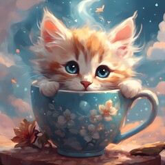 Wall Mural - AI generated illustration of a cat resting in a cup adorned with flowers