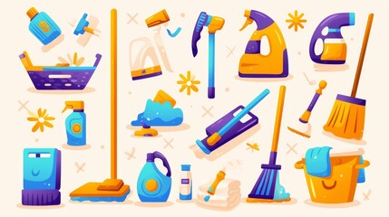 Collection of household cleaning tools and detergents - vacuum cleaner and broom stick, dustpan and brush, plastic bottle with washing agent and wipes.