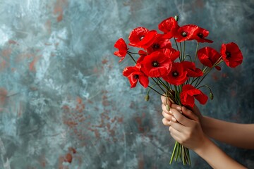 Poster - Beautiful woman hands holding a bouquet of red poppy flowers background as a symbol of both remembrance and hope for a peaceful future with copy space hands closeup