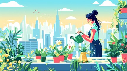 Watering plants in rooftop garden with cartoon illustration of female character. Sunny cityscape background with sunny skyscraper in the background, drawing of a woman taking good care of flowers.