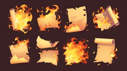 Poster - Modern realistic illustration of scorched letter sheets and scorched paper pieces on a transparent background. Burning paper pieces isolated on transparent background.