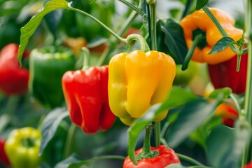 Wall Mural - Fresh colorful peppers in a greenhouse close up photo Large pepper crop