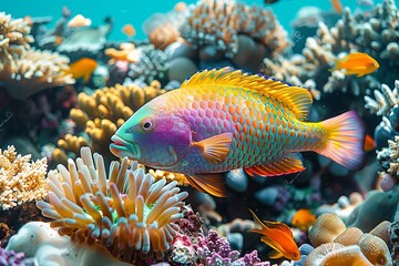 Parrotfish grazing on coral reefs, symbolizing reef health and biodiversity. 