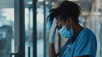 Wall Mural - After medicine failure, hospital crisis, or nursing error, surgeon pain, melancholy, or black lady fatigued. Burnout doctor or African female nurse overwhelmed by medical danger, worry