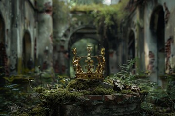 Wall Mural - A crown is sitting on the ground in a desolate, abandoned building