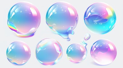 Poster - Realistic 3D illustration set of rainbow shampoo and wash foam sphere with iridescent gradient color. Flying soapy glossy water irregular sphere.