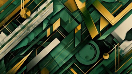Poster - Abstract background with geometric patterns in vintage emerald green, gold, and black, evoking the opulence and glamour 