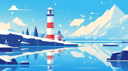 Wall Mural - The landscape is a snowy scene with a lighthouse on an island cliff in the peaceful waters of the ocean. There is a lighthouse design in the background along with a beacon design. The background is a