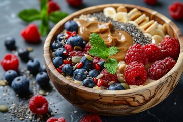 Poster - Vegan oatmeal bowl with chia seeds berries peanut butter and hemp seeds