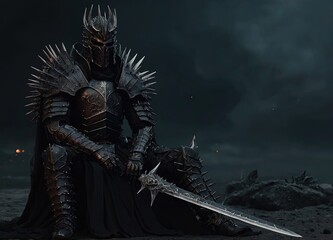 Fantasy evil dark lord with black armor full of spikes