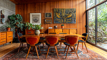 Wall Mural - A mid-century modern dining area with iconic furniture pieces, organic shapes, and bold accent colors against a backdrop of warm wood tones