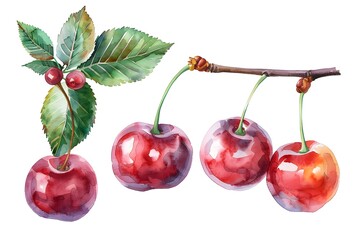 Canvas Print - Three ripe cherries hanging on a branch surrounded by green leaves