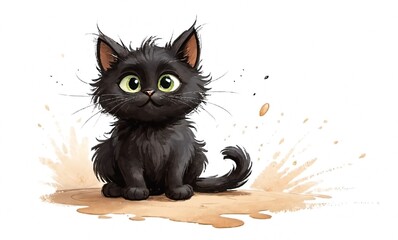 Sticker - AI generated illustration of an adorable fluffy black kitten on a white backdrop