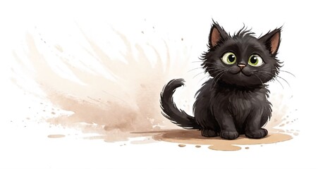 Sticker - AI generated illustration of an adorable fluffy black kitten on a white backdrop