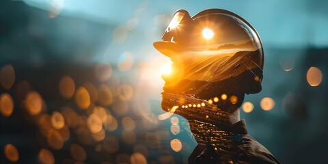 Aufkleber - double exposure design of coal miner with blue background and sunlight. concept coal miner portraits
