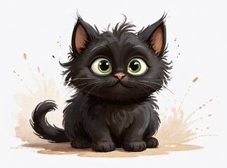 Sticker - AI generated illustration of an adorable fluffy black kitten on a white backdrop