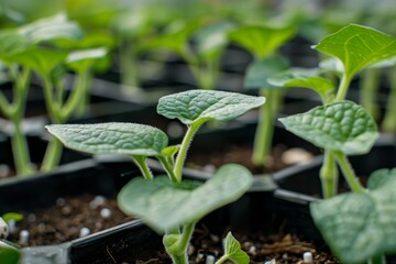 Wall Mural - Young cucumber plants in greenhouse starting to flower