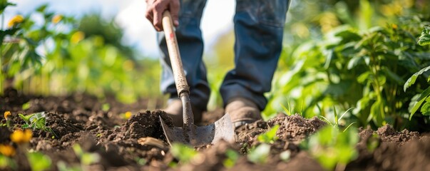 A professional gardener working in the garden, planting new seedlings. 