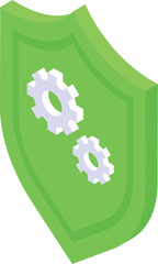 Poster - Vibrant isometric icon depicting a green shield with gear symbols, representing data protection and cybersecurity