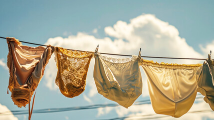 A colorful assortment of clothes hanging from a clothesline, swaying gently in the breeze under the sunlight