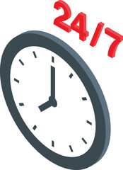 Poster - Isometric vector illustration of a clock with red 247, symbolizing continuous operation or service