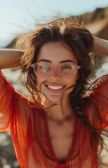 smiling brunette with clear glasses and red top exudes confidence and joy effortlessly