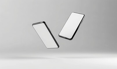 Wall Mural - two smartphone floating in the air with white blank screen. on solid white background. mix match for mockup.