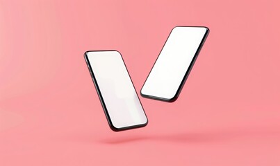 two smartphone floating in the air with white blank screen. on solid pink background. mix match for mockup.