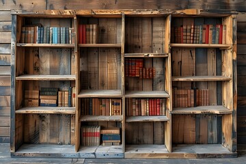 Wall Mural - A wooden bookcase filled with numerous books