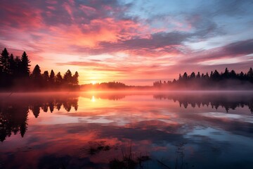 Wall Mural - Beautiful sunset over lake with reflection in water. Nature composition.