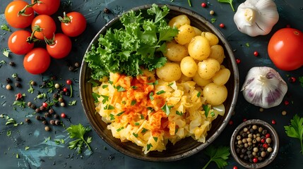 Top view of delicious roasted cabbage with mashed potatoes and spicy harissa gram in ceramic plate on green table background High quality photo