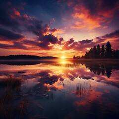 Wall Mural - Mountain lake at sunset with reflection in water.