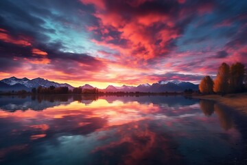 Mountain lake at sunset with reflection in water.