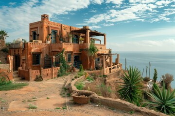 wide angle shot of an authentic maroccan eco villa exterior on a hill abowe the seashore 