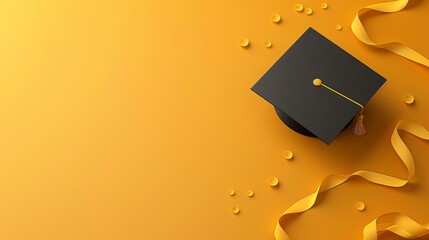 Poster - Black graduation cap with a yellow ribbon on an orange background