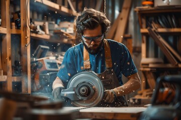 Wall Mural - Man cutting wood with circular saw in workshop