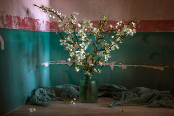 Wall Mural - Still life with flowering branches of fruit trees. Minimalism.