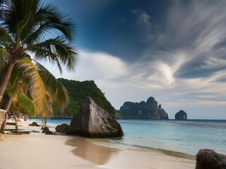 Canvas Print - A stunning tropical beach scene with palm trees, white sand and turquoise water in the background. A large rock is visible on one side of the photo. 