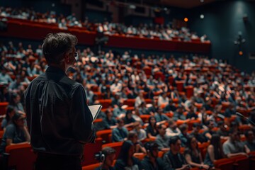 A man addressing a large crowd