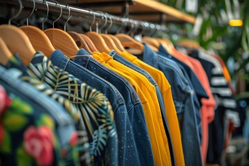 Wall Mural - A close up of a rack of clothes with a variety of shirts