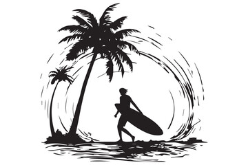 Wall Mural - Silhouette surfing board on the beach black color only