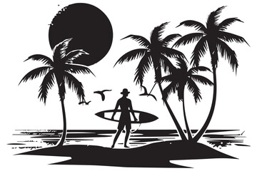 Wall Mural - Silhouette surfing board on the beach black color only