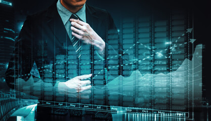 Wall Mural - Double Exposure Image of Business and Finance - Businessman with report chart up forward to financial profit growth of stock market investment.