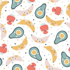 Wall Mural - Tropical Fruit seamless pattern. Vector cartoon childish background with cute smiling fruit characters in simple hand-drawn style. Pastel colors on a white background with polka dots