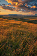 The expansive prairie, with its vast expanse and rolling hills under a dramatic sky, is alive with golden grass swaying in the breeze.