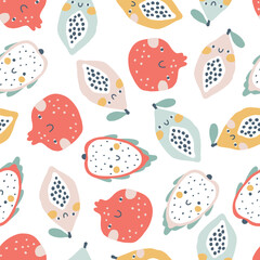 Wall Mural - Tropical Fruit seamless pattern. Vector cartoon childish background with cute smiling fruit characters in simple hand-drawn style. Pastel colors on a white background.