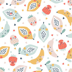 Wall Mural - Tropical Fruit seamless pattern. Vector cartoon childich background with cute smiling fruit characters in simple hand-drawn style. Pastel colors on a white background with polka dots hearts.